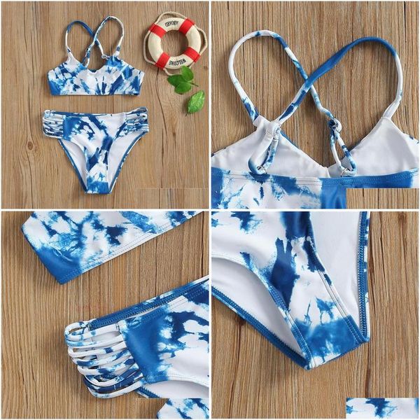 Tek parça bir parça 2pcs bikini mayo çocuk kız moda mayo renk bloğu criss-cross spagetti kayış üst üçgen şort yüzme otkxr