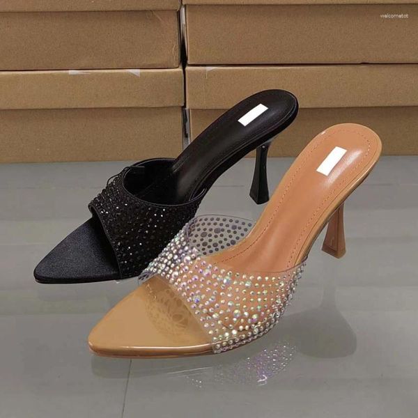 Pantofole Zafetou 2024 Prodotto estivo puntato con tacchi alti di punta con sottile diamante d'acqua splendente in PVC