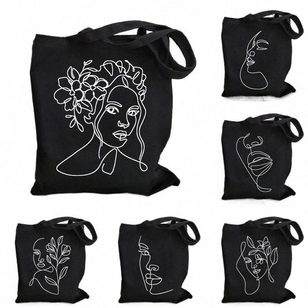 Belle donne Face Tote Bag Floral Line Art fi Girl Face Print Regalo per tela Borse per negozio riutilizzabile eco shopper d7lb#