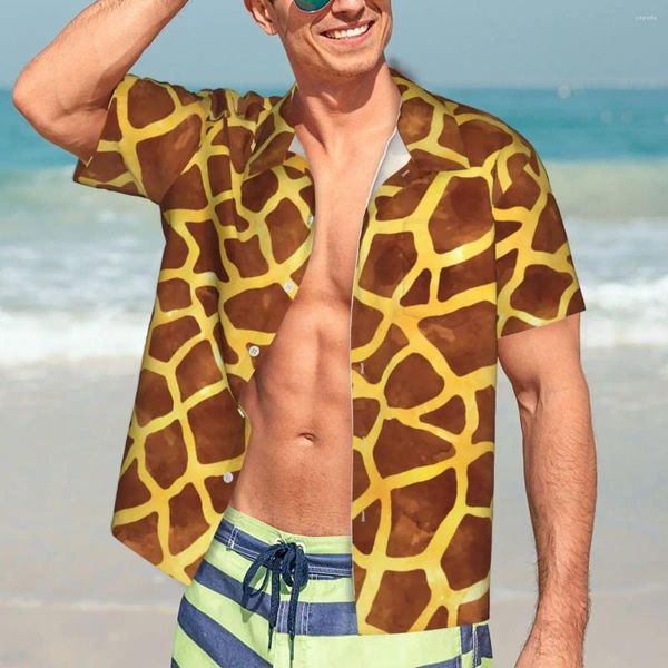 Herren lässige Hemden Giraffe-Print-Hemd Gold und brauner klassischer hawaiianischer Mann kurzärmelige Urlaub Streetstyle Übergroße Blusen