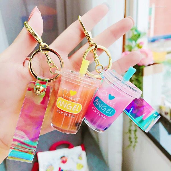 Keychains kreatives Mini Erfrischungsgetränk Schlüsselbund Milk Tee Getränke Blasen Keyring Bewegung Flüssiger Ölabfall Dekompression Keyfob Schmuck Geschenk