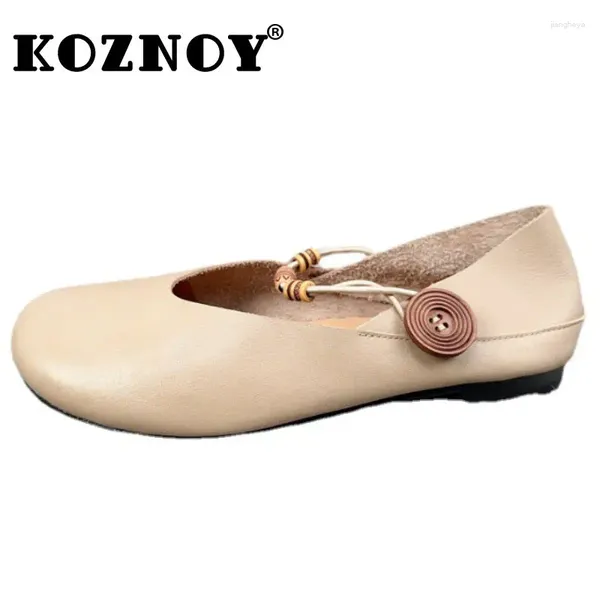 Sapatos casuais Koznoy 1,5cm Cow Couro genuíno Mulheres confortáveis Lazer Retro étnico Natural Summer Soled Elastic Flats Loafer Oxfords