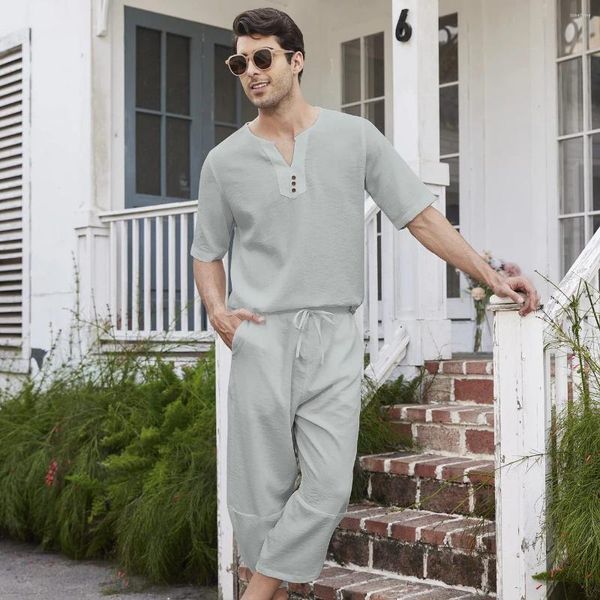 Traccetti da uomo Summer Cotton Linen Shirt Pants Sets Casual Outdoor 2 pezzi Abita