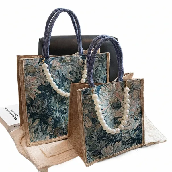 Iskybob Bags Bolsas de luxo da marca Mulheres Bolsas de luxo Bolsa de praia de linho grande e ecologicamente correta com uma bolsa de loja de pérolas 2024 Novo em D2GH#