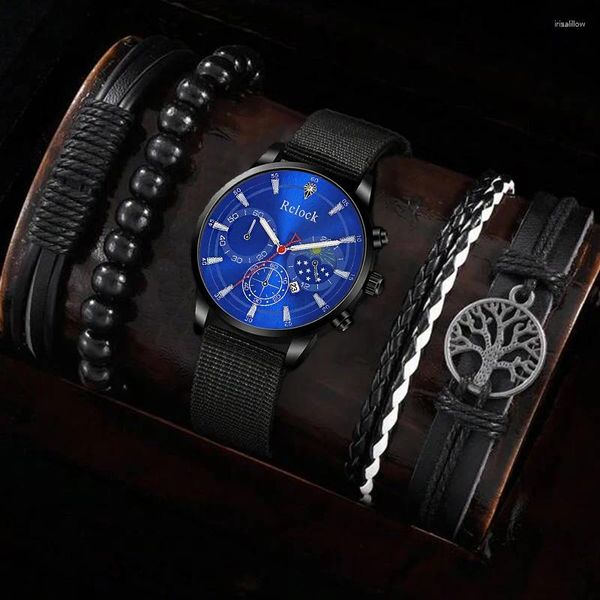 Relógios de pulso 5pcs Conjunto de moda masculino Relógios de negócios para homens Black Tree of Life Hand Rope Luxury Man Sport Casual Nylon Strap Quartz Watch