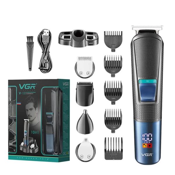 Clippers VGR V108 5 em 1 kit de brooming masculino Profissional barba elétrica barba e nariz aparador de cabelo barbeiro cortador de cabelo conjunto