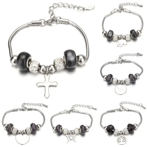 Charm Armbänder Drop Tree of Life Cross Black Glass Perlen Armband für Frauen Brand Brazelets Bangles DIY Juwely Geschenk