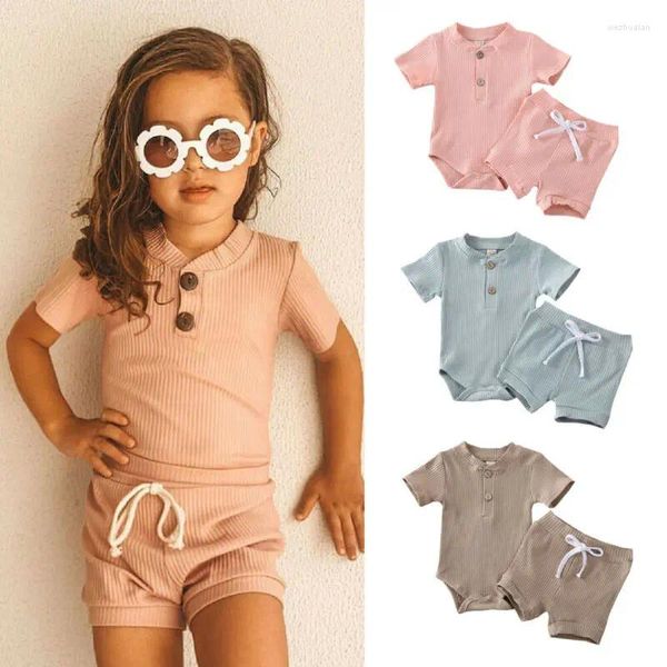 Kleidungssets Drop Kid Boy Girl Massiv gestrickte Baumwollkleidung Kurzarm Knopf Strampler Bodysuit Hosen 2pcs Outfits Sommerset