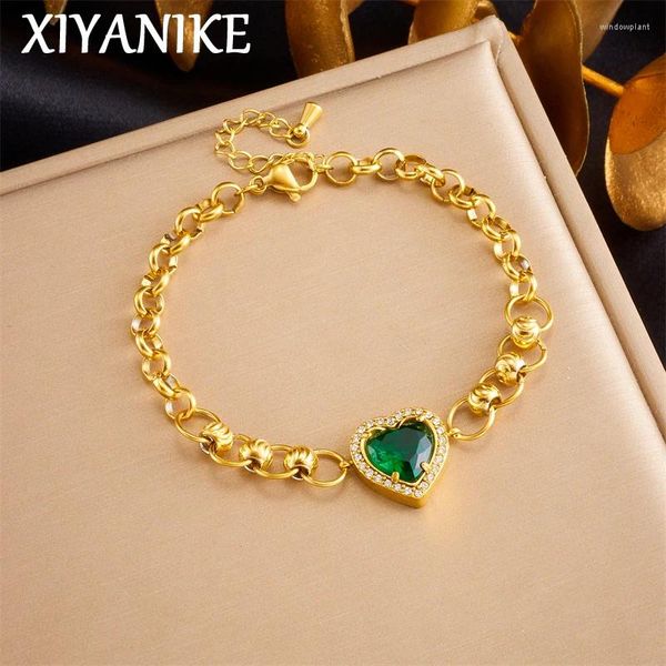 Pulseiras de link xiyanike 316l aço inoxidável coração pulseira de charme turquesa para mulheres moda sem desbotamento jóias de jóias de jóias