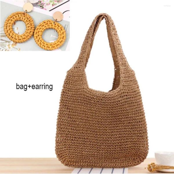 Duffel Bags Kadın Straw Wicker Retro Yaz El Dokumalı Rattan Çantası Küpe