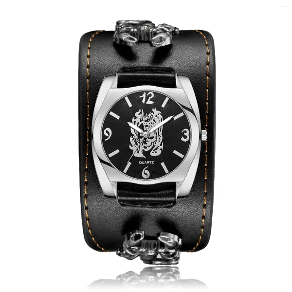 Нарученные часы классные черные черепа кожаные Quartz Watch для мужских повседневных панк -спортивных аксессуаров Renogio Masculino