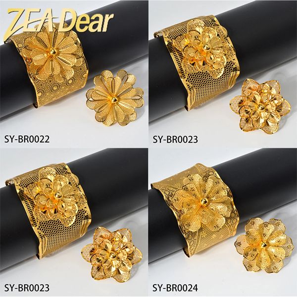 Zeadar lüks altın kaplama bileklik yüzüğü setleri Dubai Etiyopya France Hint Çiçek Yüzükler Kadınlar İçin Bilezik Düğün Takı Hediyesi 240410