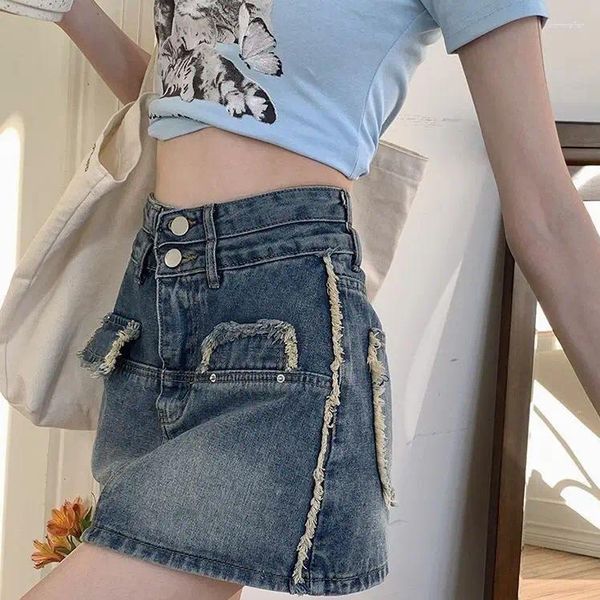 Юбки ретро высокая джинсовая джинсовая джинсовая ткань ежедневная корейская секс-стрит-одежда All-Match Simple Summer A-Line Jean Mini юбка