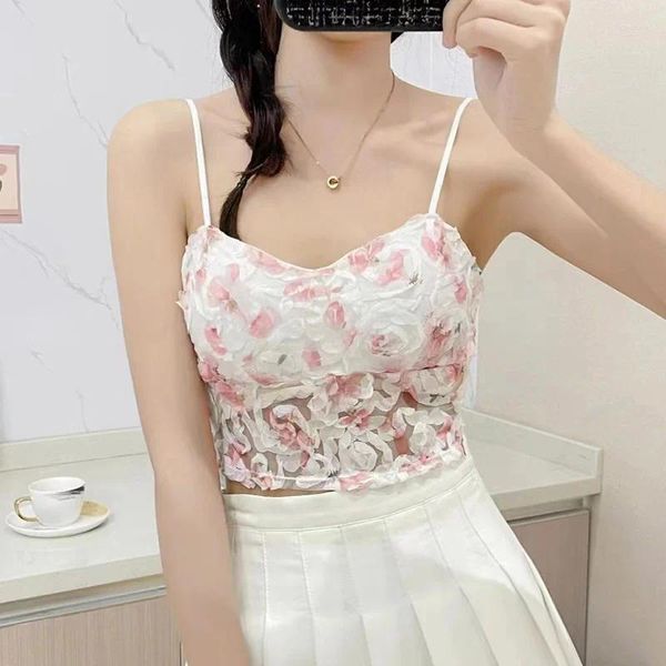 Serbatoi di camisoles 2024 Summer Sweet Floral Corset Office Office Lady Beach Style Sleeveless Women Women Vintage Lace Slim Crop Top Corea