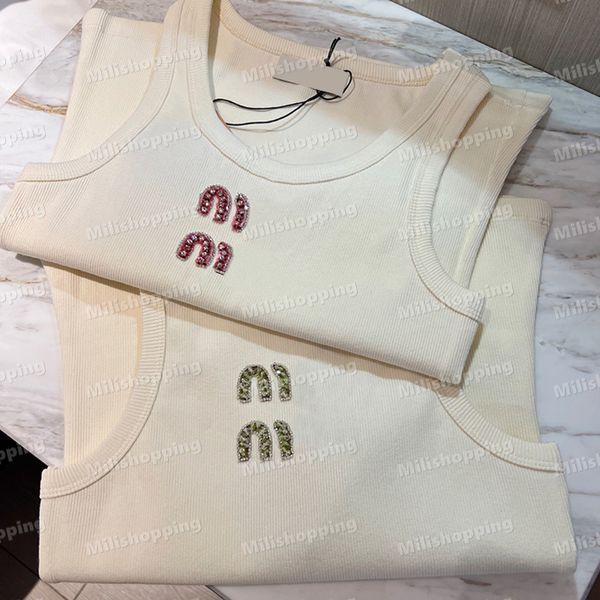 Miu rosa grüne Strassstone T -Shirts Perlen Buchstaben Crop Tops Frauen gestrickt Tank Tops Designer Lady Kleidung