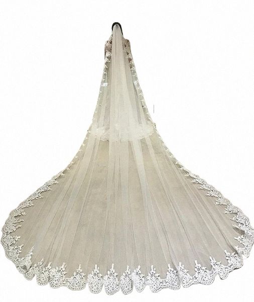 White Ivory 4 metros LG Véu de casamento de renda de borda completa Uma camada Tulle Véu de noiva com acidentes de casamento VEU Velo Noiva T7ke#