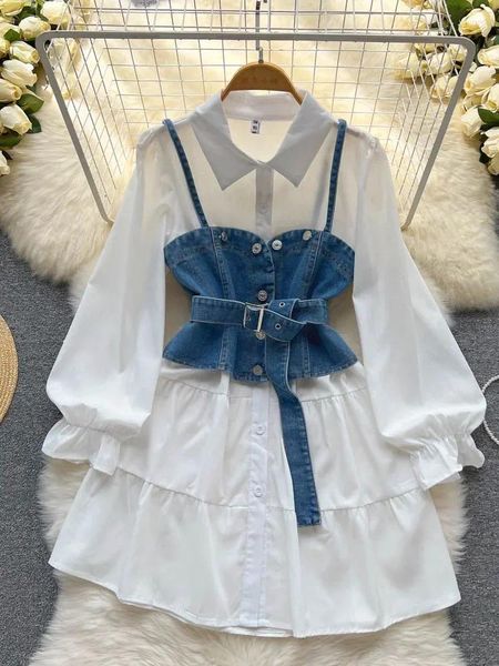 İş elbiseleri bahar sonbahar üst düzey hafif olgun mizaç uzun kollu elbise beyaz denim küçük askı iki parçalı set vestidos kadın