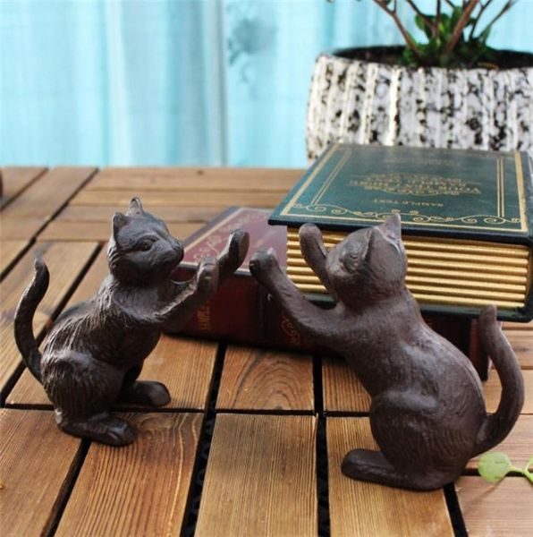 2 pezzi Fine in ghisa vintage Ends Bookend Rustic Brown Cats Book Stand Distanza Studio Decorazione per ufficio Home Office Animal Metal CRA9605521