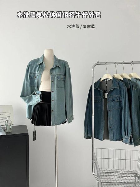 Frauenblusen Frauen Denim Blue Shirt 90s Ästhetik Y2K Vintage Harajuku Elegante Mode Langarm Pol-Hals 2000er Jahre Kleidung 2000er Jahre