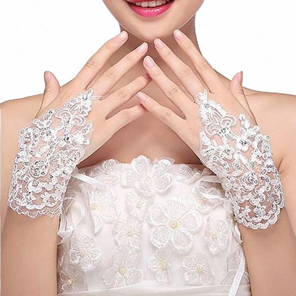 Ivory 5,9 polegadas LG LACE e RHINESTE Luvas de noivas para mulheres.FI ACORCORES DE CASAMENTO METURNO CURTO PARA MENINAS L8ZB#