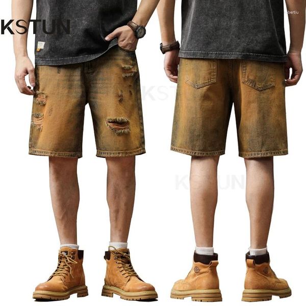 Herren Jeans 2024 Sommer Denim Shorts Männern LOSS FIT HIP HOPGY BAGGY DIGNED HOOL OUT RETRO RETRO GELAGED FRAGED Weites Bein