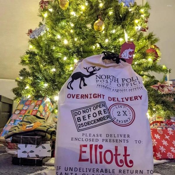 Alışveriş Çantaları Kişiselleştirilmiş Adı Merry Christmas Noel Baba Hediye Çantası Çekme Özel Tuval Çuval 50x70cm Yıllık Çocuklar Mevcut