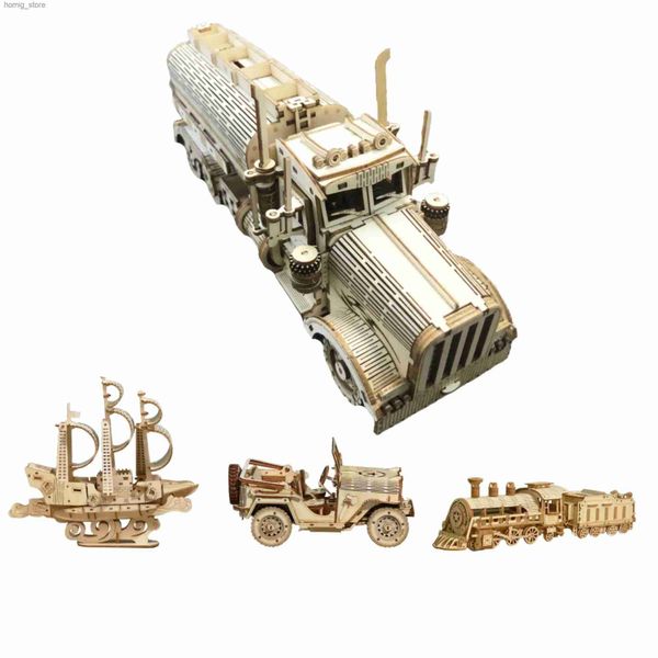 3D Puzzles 3D Puzzles de caminhão de madeira Toys Conjunto Kids Montagem de construções Bloco de construção Modelo de carro para meninos e meninas Kits de navio de trem para meninas Y240415