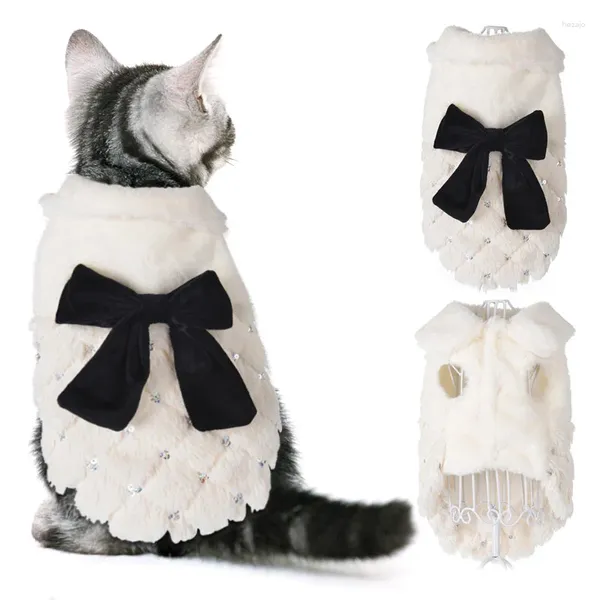 Katzenkostüme Winter warme Kleidung für kleine Katzen Hunde elegante weiße Pelztiermanteljacke mit Bogenknoten Luxuskätzchen Kitty Kleidung insgesamt