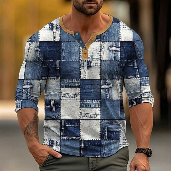 Herren lässige Shirts Vintage Farbblock Patchwork 3D-Druck Henley Mens Mode Button-Down Long Sleeve T Shirt Tops Kleidung 24416