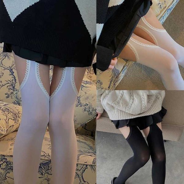 T0Z2 Meias sexy femininas Sexy Side Holas Suspender Pantyhose Harajuku Encontro de laço Fake Larter Belt Stockings meias 240416