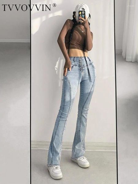 Jeans femminile high tvvovvin in stile americano in stile singolo petto di bagliori femminile ragazze peluche pantaloni in denim pantaloni dolci 3to5