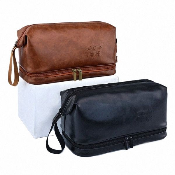 Nuovo PU Leather Man Women Bag cosmetico Bagno a doppio strato Bagno da toilette portatile Viaggia per trucco impermeabile Caspa di stoccaggio Z8TS#