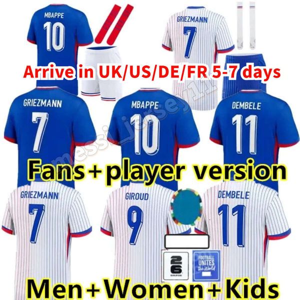 2024 Euro Cup Home Away Jersey Mbappe Soccer Maglie da calcio Frances Dembele Coman francese Maillot de Foot Benzema Griezmann Fans Player Shirt Shirt da uomo Uniforme per bambini