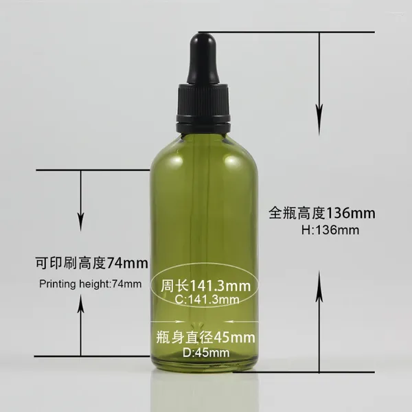 Lagerflaschen leer runde Olivengrün 100 ml Hautpflege E-Liquid Lotion Glasflasche mit schwarzem Plastik Tropper Deckel ätherische Ölverpackung