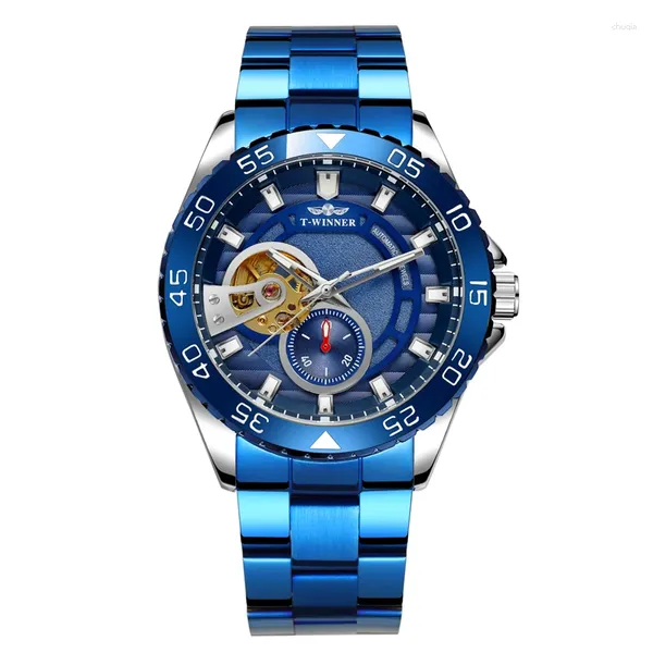 Orologi da polso blu blu tutti gli uomini con conto alla rovescia meccanica di acciaio Data di orologio in vetro in vetro Luce di lusso