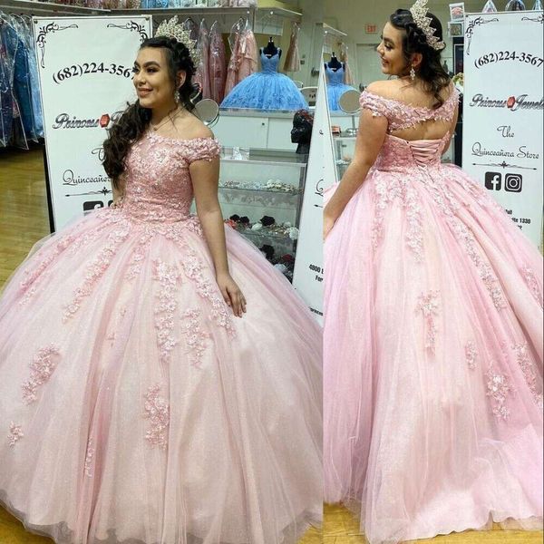 Light sexy moda rosa quinceanera vestidos fora do ombro tule renda de cristal contas espartilho traseiro vestido de baile plus size baile de noite vestidos de noite