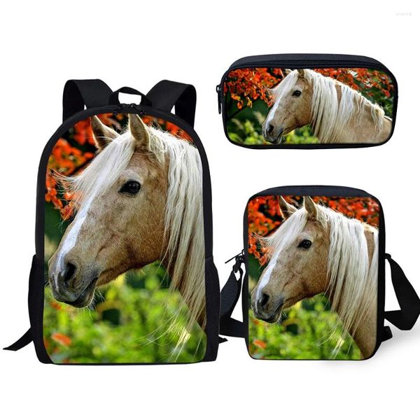 Backpack Trendy Creative Rodty Horse 3D Impressão 3pcs/set pupil School School Laptop Daypack Inclinado com bolsa de ombro Capa de lápis