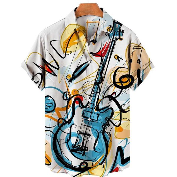 Camisas casuais masculinas de 2hri masculino Hawaiian para homens guitarra de música Tops Roupas de moda de colar e rolos de colar e rolos 24416