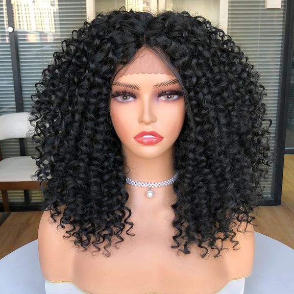 Kurze Bob -Perücke Spitzen -Front -Perücken für Frauen Afro versaute lockige Perücken Ombre Brown Synthetische mittlere Natur Haare Schwarze Kopfbedeckung mit Clips 240409