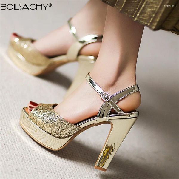 Kleiderschuhe Frauen PESTED Summer Open Toe Sandalen Fashion Buckl Square High Heels Schwarz Gold Spliver Rom Ladies Plattform 32-43