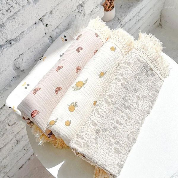 Cobertores Baby Muslin Swaddle Bedding Bedding Quilt Cober capa de bebês Tanta de borla impressa em algodão Toalha de embrulho nascida