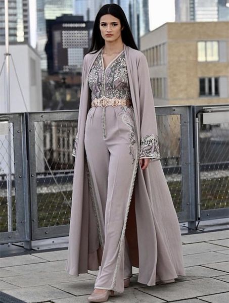 Elegante marokkanische Kaftan -Overall -Overall -Kleider mit langen Ärmeln Jacke Spitzen Applikationen Arabisch Silber Frauen Kostüm formelle Partykleider 2024 Prom Hosen Kleidung