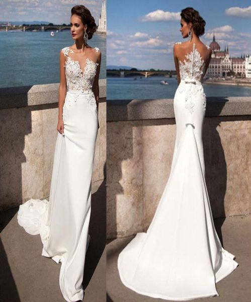 Abiti da sposa in spiaggia di guaina con staccabile treno in chiffon illusione tulle in pizzo appliqued abito da sposa senza maniche Vestitido de Noiva C7558041