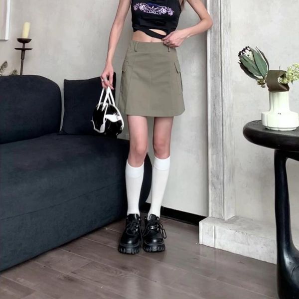 Юбки винтажная юбка для женщин Fashion Saia 2024 Faldas Mujer de Moda High талия A-Line Pocket Jupe Casual Bodycon Y2K
