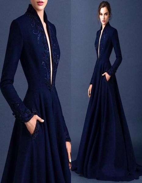 Dark Blue Modest Night Dresses 2015 Bordado de manga longa Rouco de cetim ellie saab vestido noite use apliques de comprimento completo Form7275824