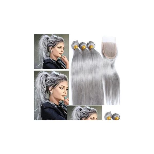 Traccia di capelli Brasiliani Sier Grey Bundle 3pcs con chiusura 1pc 4pcs lotto dritto grigio grigio tessere umano 4x4 drop drop drop dropeart Product ot1or