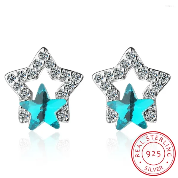 Orecchini per borchie Pure 925 Sterling Sterling Silver Blu Crystal Zircic Zircon Double stella Orerile per Wedding Party 2024 Gioielli