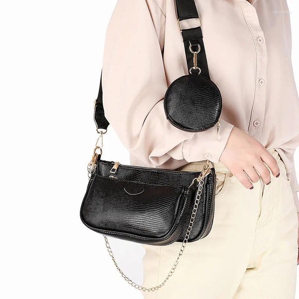 Bolsa de luxo Crocodilo Mulheres Bolsas de ombro vintage Correia larga Corrente de bolsas Chain Sling Leather Ladies 3 Set Wallet