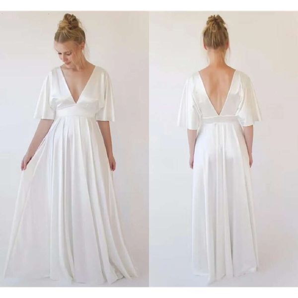 Boho Elfenbein Sommer Brautjungfern Kleider Langes Maxi Deep v Hals Eine Linie Hochzeits Gast Trage Maid of Ehrenkleider Abschlussball Kleid