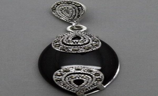 Vintage 18mmx40mm Marcasite Black Agates 925 Серебряное серебро подвеска 4806883